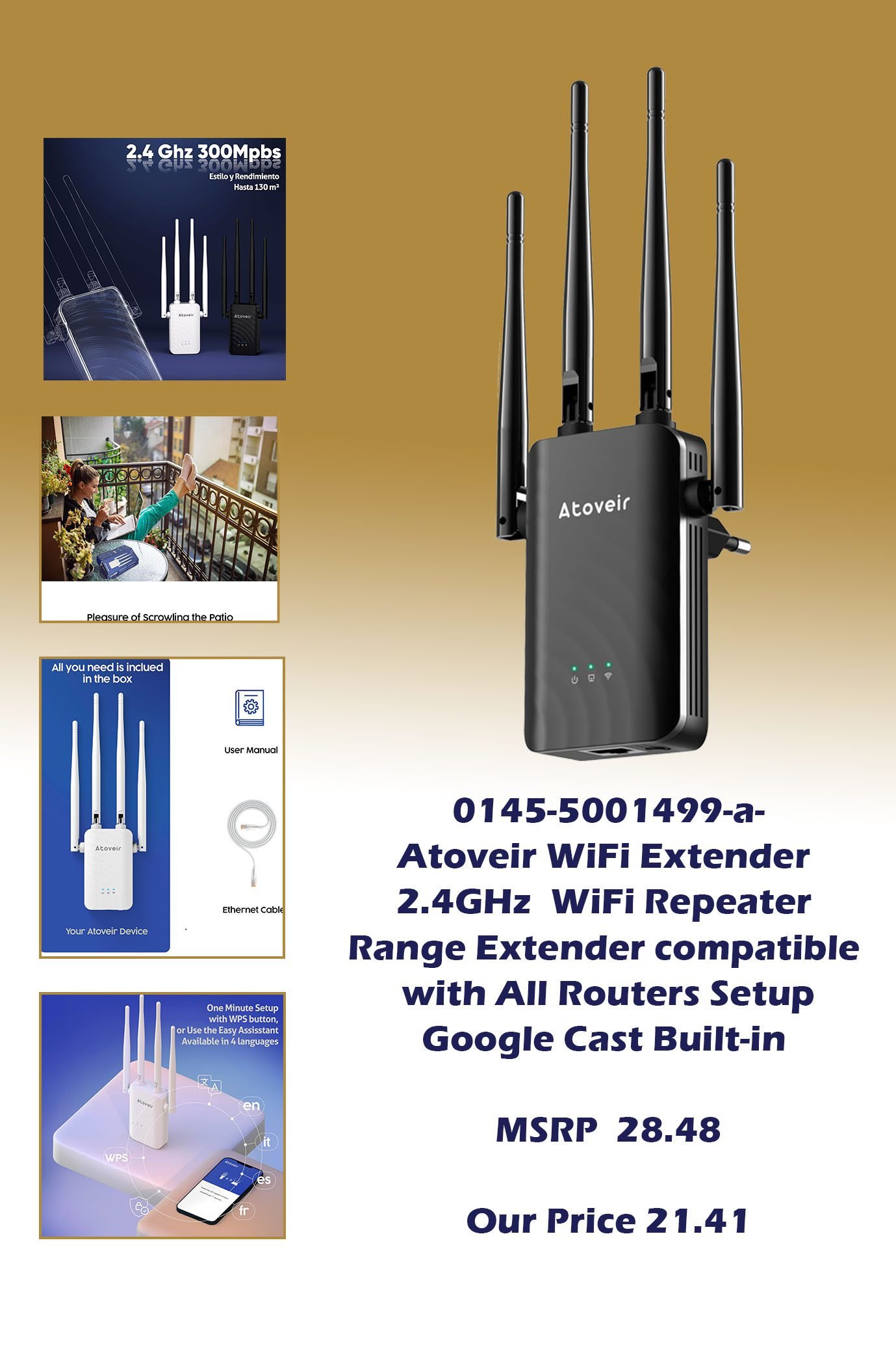 0145-5001499-a-Atoveir WiFi Extender 2.4GHz WiFi Repeater Range Extender compatible with All Routers Setup_MSRP 28.48 Our Price 21.41 copy