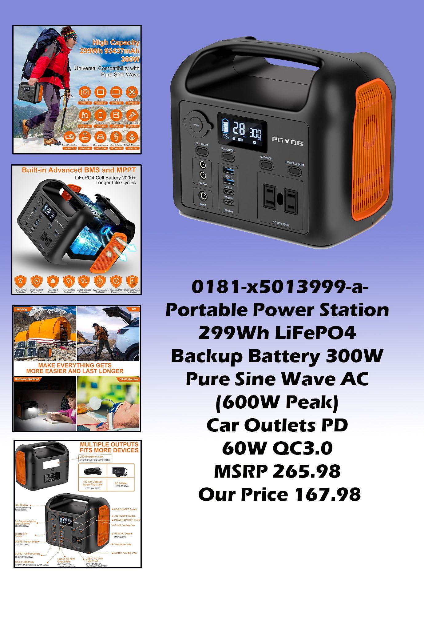 0181-x5013999-a-Portable Power Station 299Wh LiFePO4 Backup Battery 300W Pure Sine Wave AC (600W Peak) Car Outlets PD 60W QC3.0 MSRP 265.98 Our Price 167.98 copy